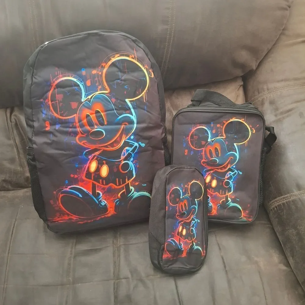 Mickey Mouse 3 Piece Backpack & Lunch Box Pencil Case Set School B…